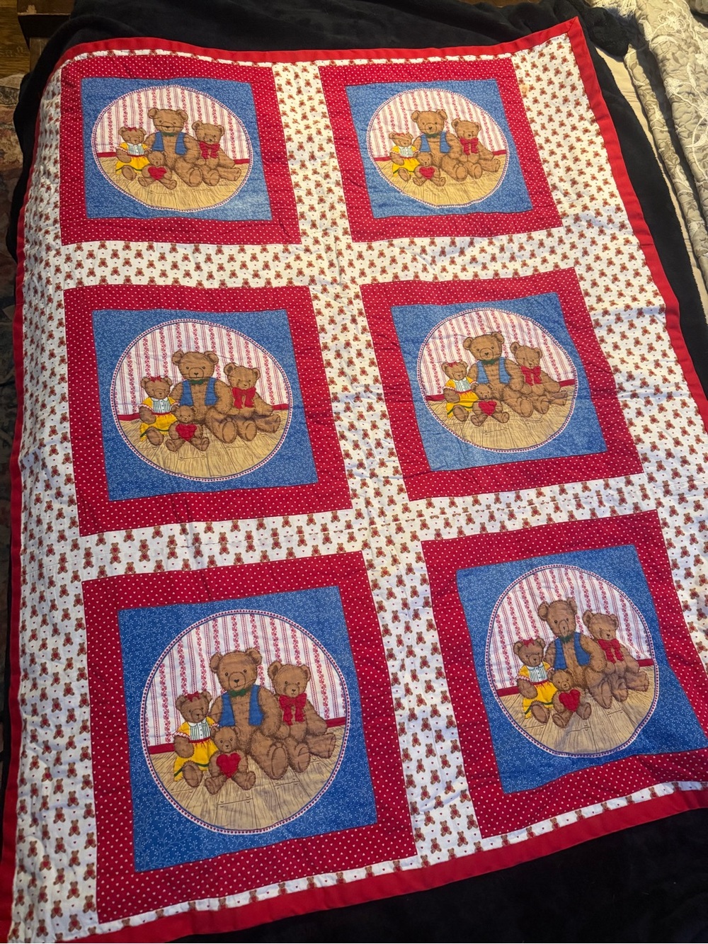 Vintage Classic Teddy Bear Patchwork Baby Quilt - Red, Blue, Cream